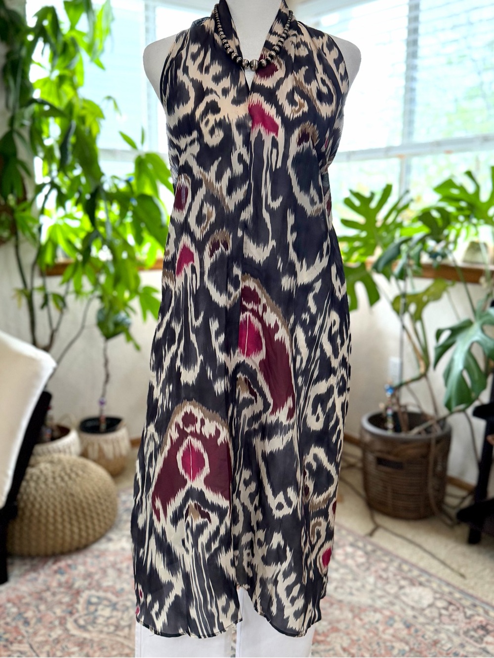 Massimo Dutti Ikat 100% SILK Ivory Burgundy Artsy Abstract Boho Dress Top S/M